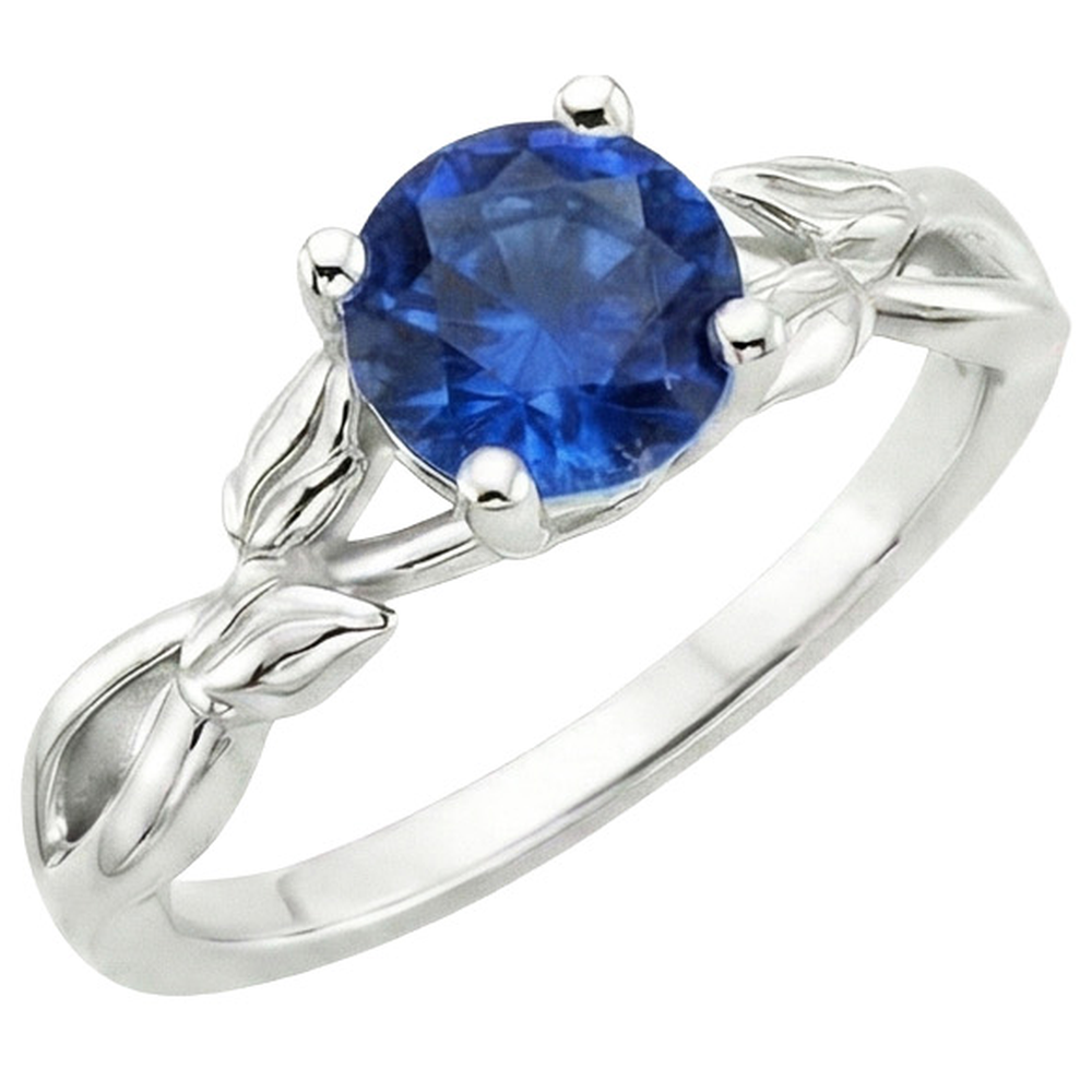 Anello Solitario Zaffiro Blu Naturale Con Gambo Diviso Stile Foglia 2 Carati