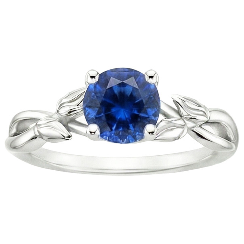 Anello Solitario Zaffiro Blu Naturale Con Gambo Diviso Stile Foglia 2 Carati