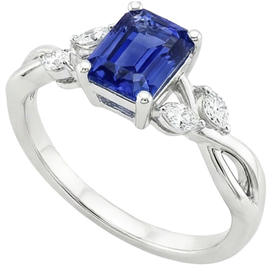 Anello Solitario Zaffiro Blu Smeraldo Con Diamanti Marquise 4 Carati
