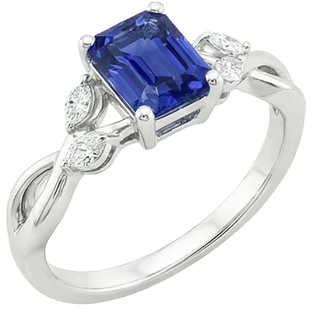 Anello Solitario Zaffiro Blu Smeraldo Con Diamanti Marquise 4 Carati