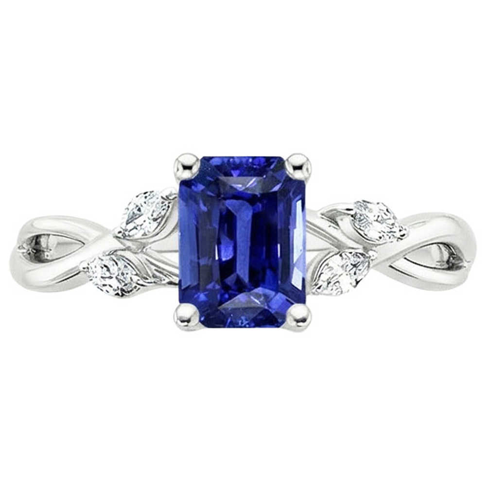 Anello Solitario Zaffiro Blu Smeraldo Con Diamanti Marquise 4 Carati