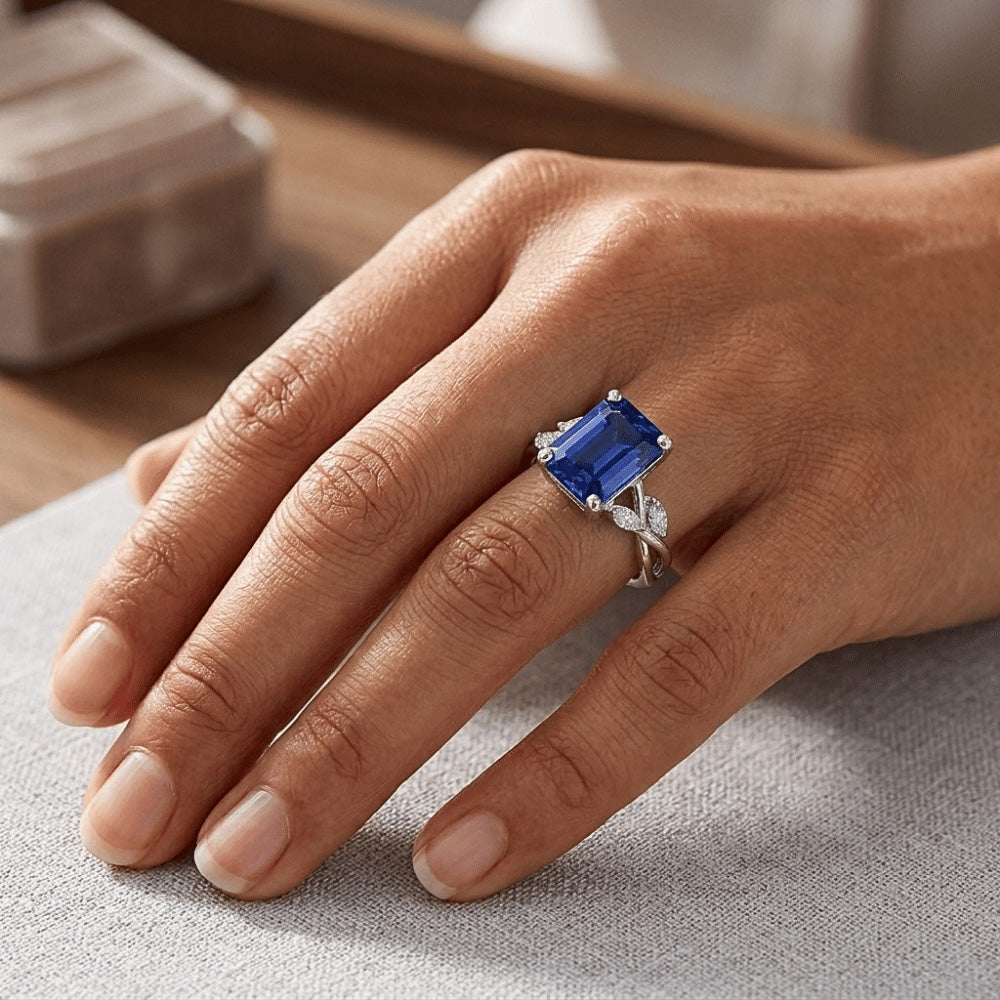Anello Solitario Zaffiro Blu Smeraldo Con Diamanti Marquise 4 Carati