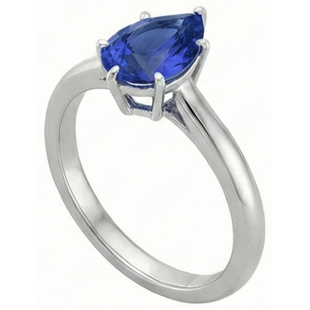 Anello Solitario Zaffiro Blu Taglio Pera 2 Carati Oro Bianco 14K