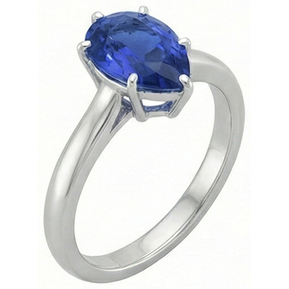Anello Solitario Zaffiro Blu Taglio Pera 2 Carati Oro Bianco 14K