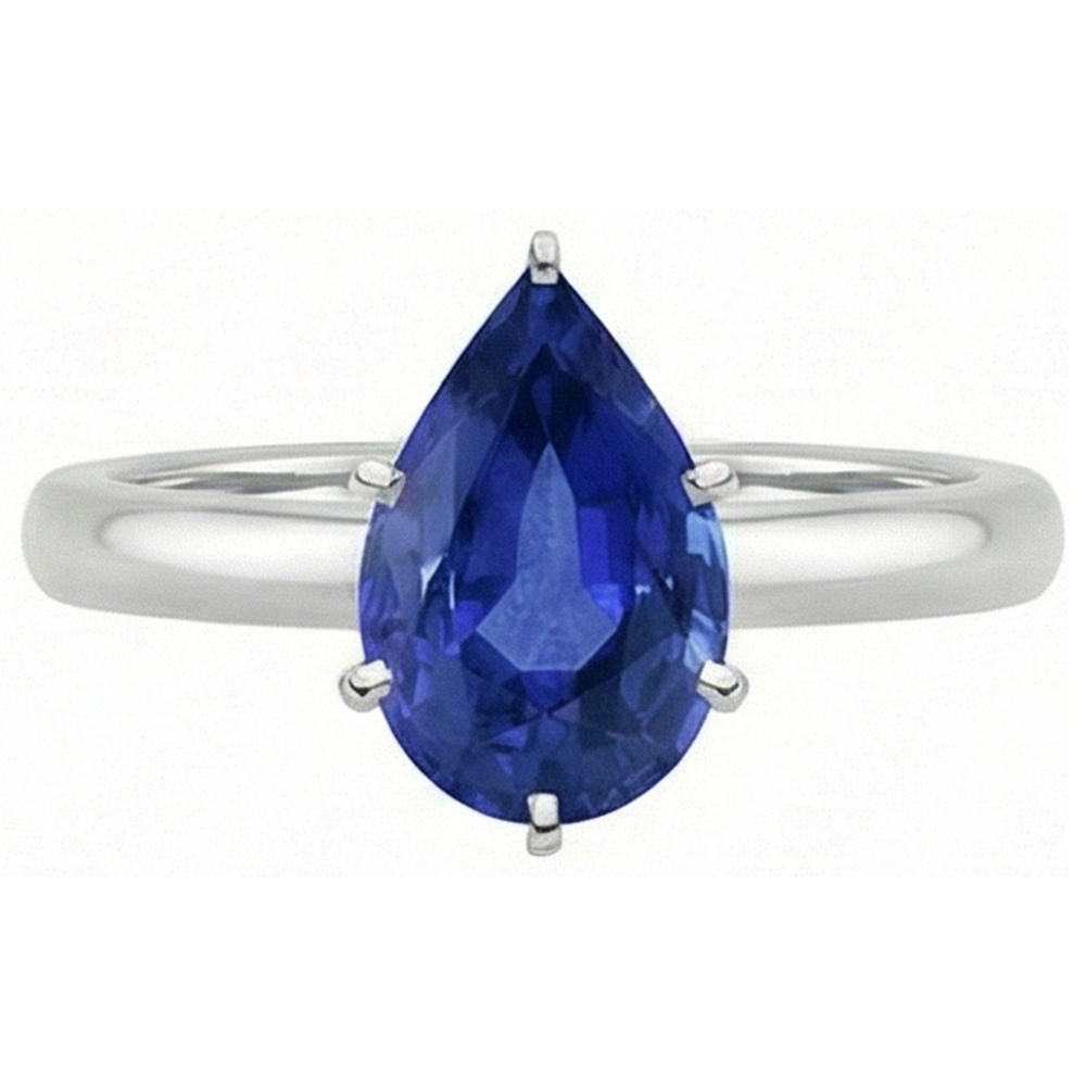 Anello Solitario Zaffiro Blu Taglio Pera 2 Carati Oro Bianco 14K