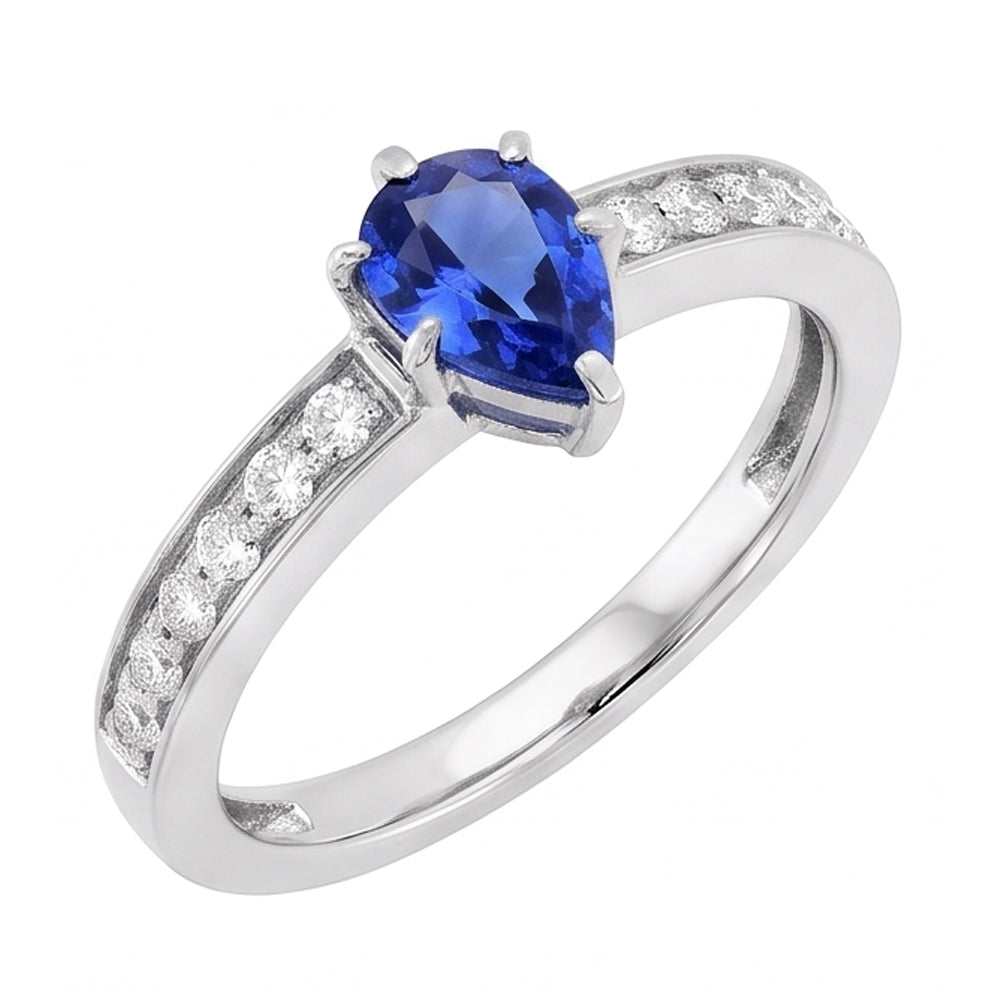Anello Solitario Zaffiro Ceylon A Forma Di Pera Con Accenti 2.50 Carati