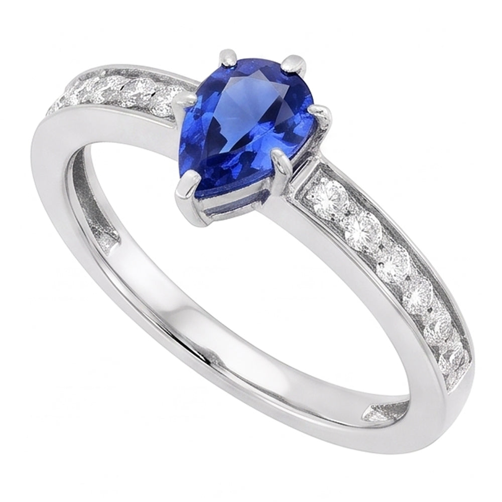 Anello Solitario Zaffiro Ceylon A Forma Di Pera Con Accenti 2.50 Carati