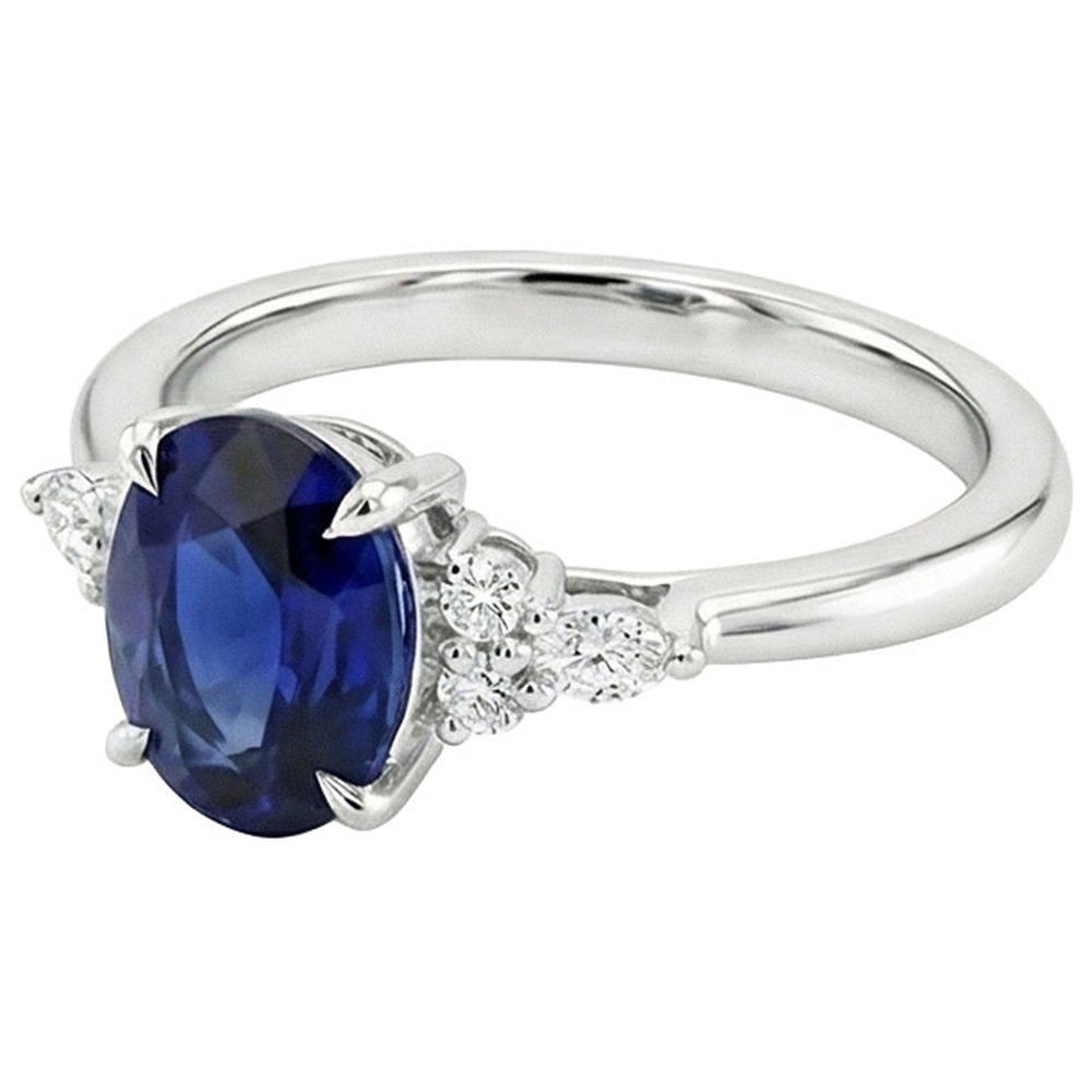 Anello Solitario Zaffiro Con Marquise E Diamanti Naturali Autentici ( non creati in laboratorio ) Tondi Accenti 3 Carati