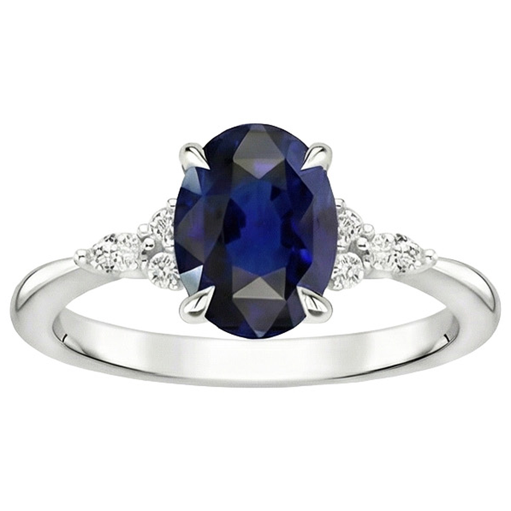 Anello Solitario Zaffiro Con Marquise E Diamanti Naturali Autentici ( non creati in laboratorio ) Tondi Accenti 3 Carati