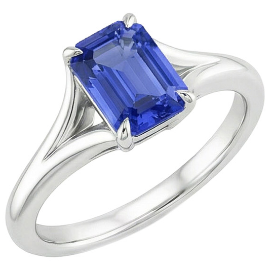 Anello Solitario Zaffiro Sri Lanka 3 Carati Taglio Smeraldo Oro Bianco 14K