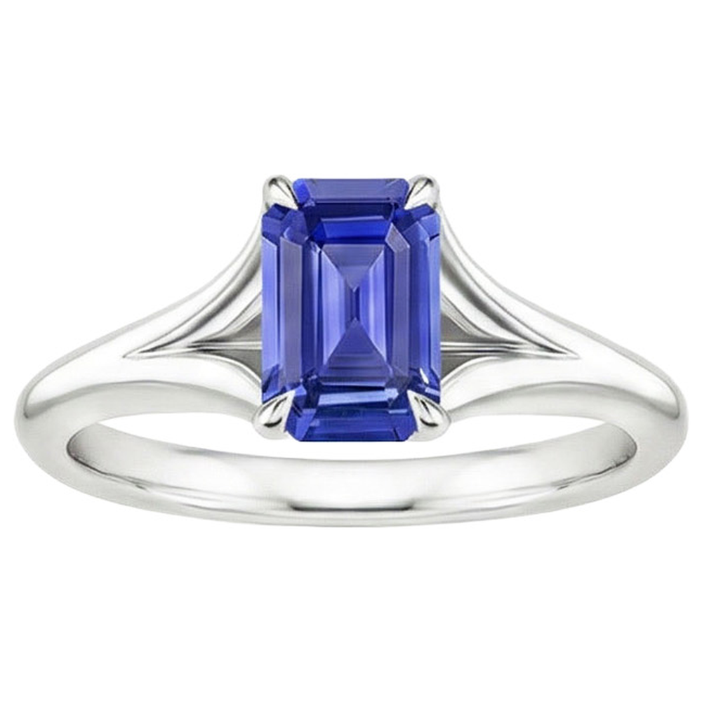 Anello Solitario Zaffiro Sri Lanka 3 Carati Taglio Smeraldo Oro Bianco 14K