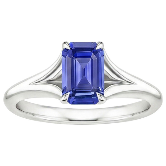 Anello Solitario Zaffiro Sri Lanka 3 Carati Taglio Smeraldo Oro Bianco 14K