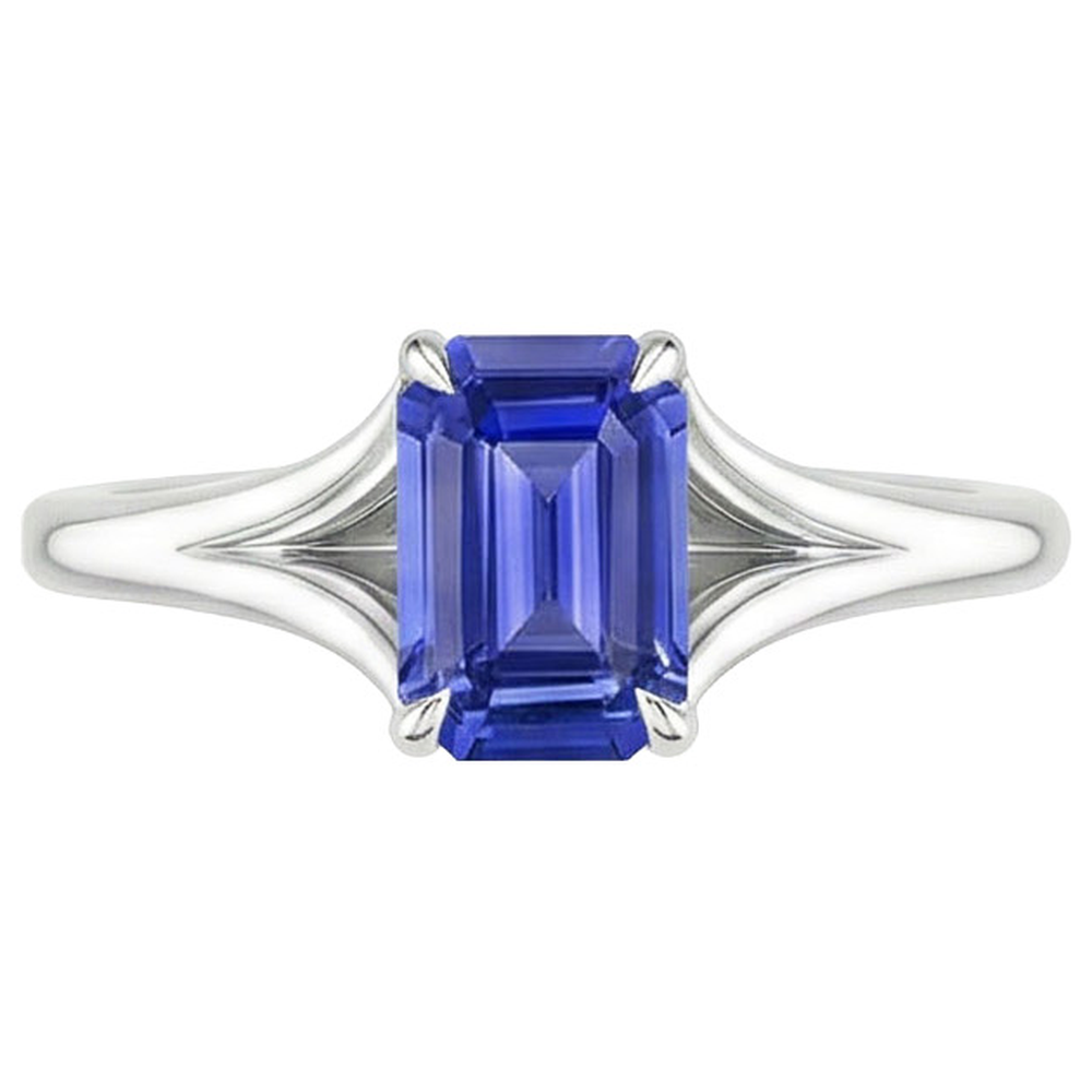 Anello Solitario Zaffiro Sri Lanka 3 Carati Taglio Smeraldo Oro Bianco 14K
