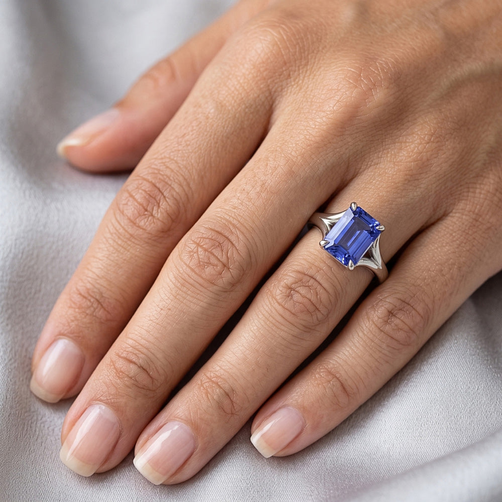 Anello Solitario Zaffiro Sri Lanka 3 Carati Taglio Smeraldo Oro Bianco 14K