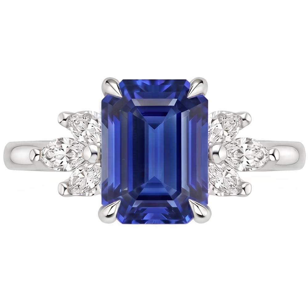 Anello Solitario con Accenti Zaffiro dello Sri Lanka e Pietra di Pera 4 Carati