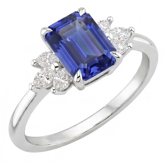 Anello Solitario con Accenti Zaffiro dello Sri Lanka e Pietra di Pera 4 Carati