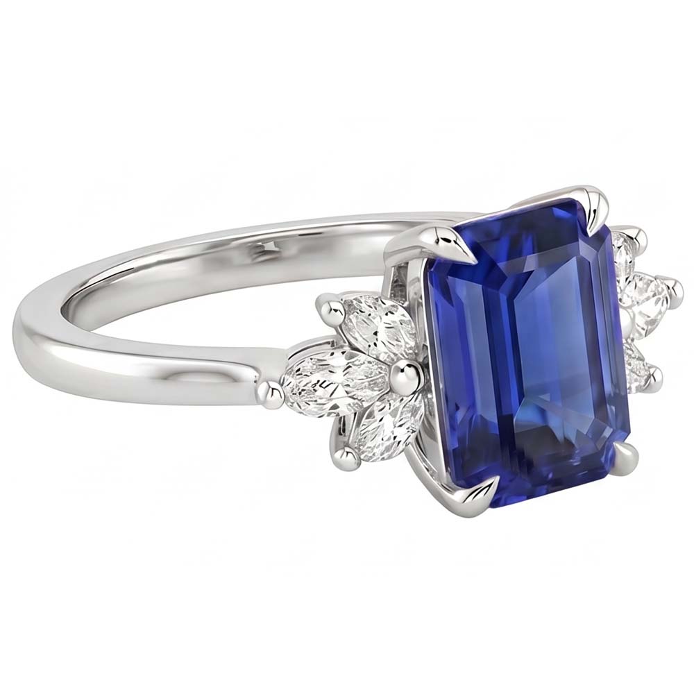 Anello Solitario con Accenti Zaffiro dello Sri Lanka e Pietra di Pera 4 Carati