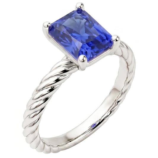 Anello Solitario con Corda Intrecciata Stile Zaffiro Blu da 1,50 Carati in Oro Bianco 14K