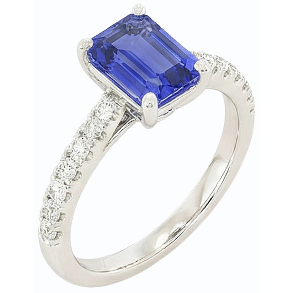 Anello Solitario con Zaffiro di Ceylon da 3,75 Carati e Diamanti Naturali Autentici ( non creati in laboratorio ) Rotondi in Oro Bianco 14K