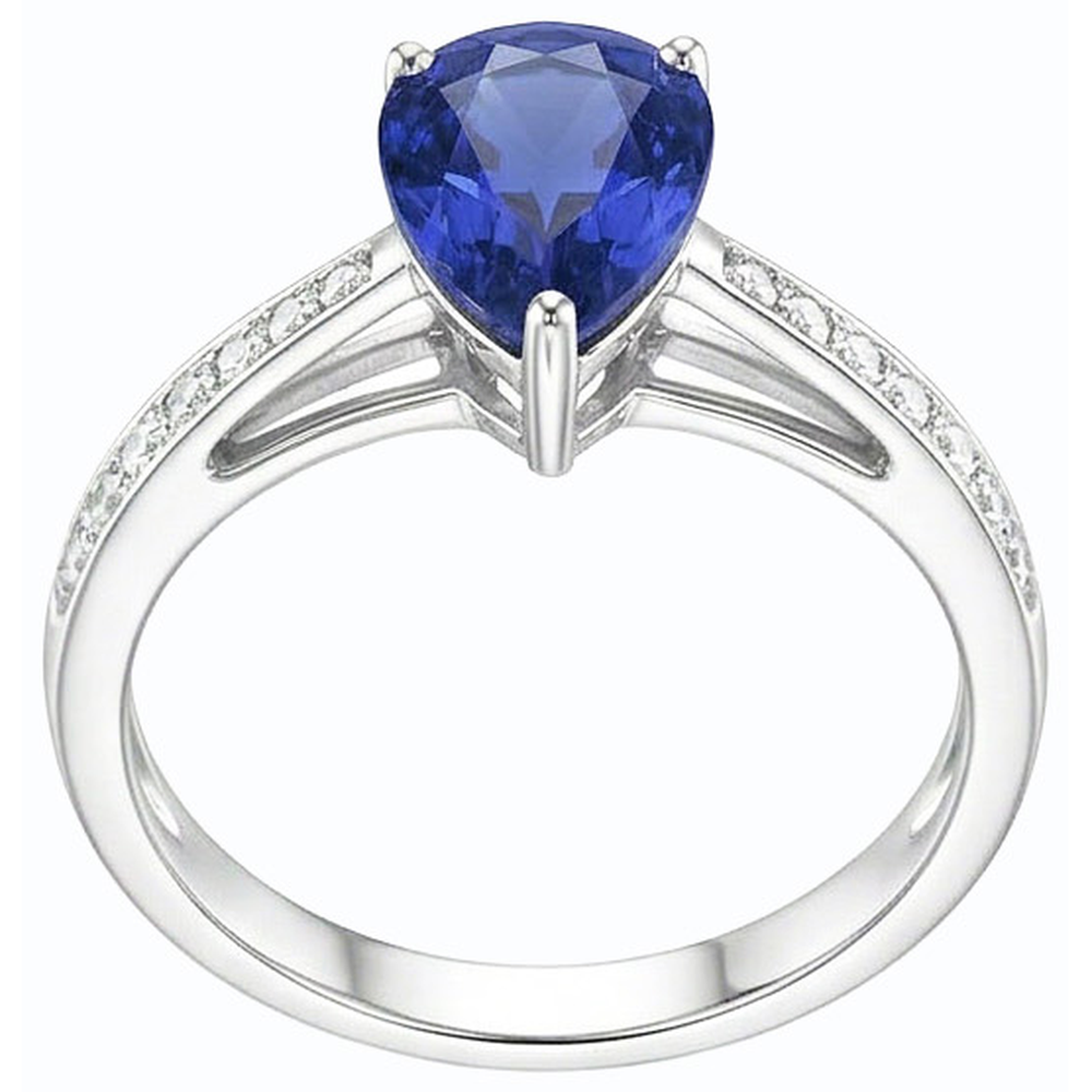 Anello Solitario con accenti di zaffiro blu 2,50 carati e pavé di diamanti in oro bianco 14K