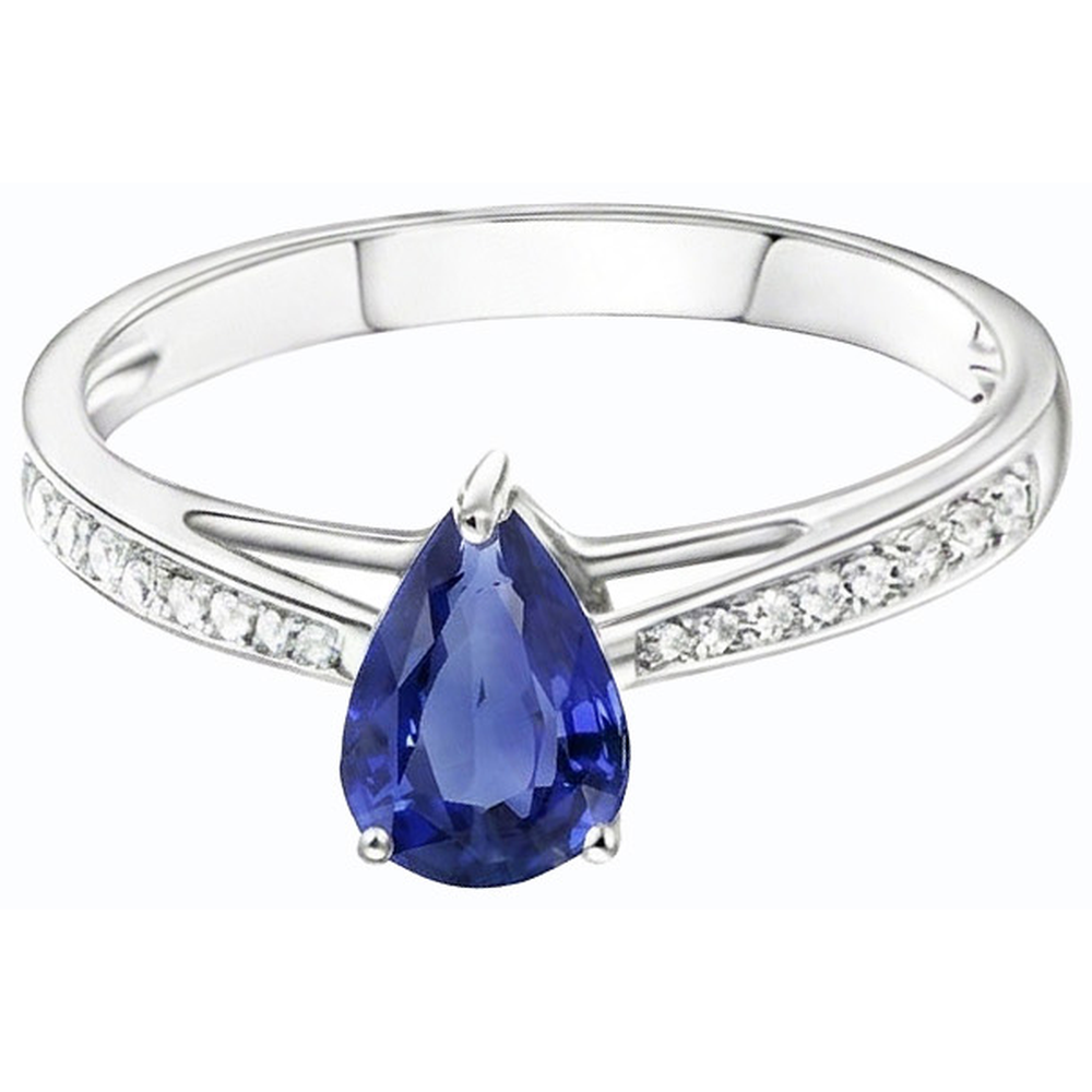 Anello Solitario con accenti di zaffiro blu 2,50 carati e pavé di diamanti in oro bianco 14K