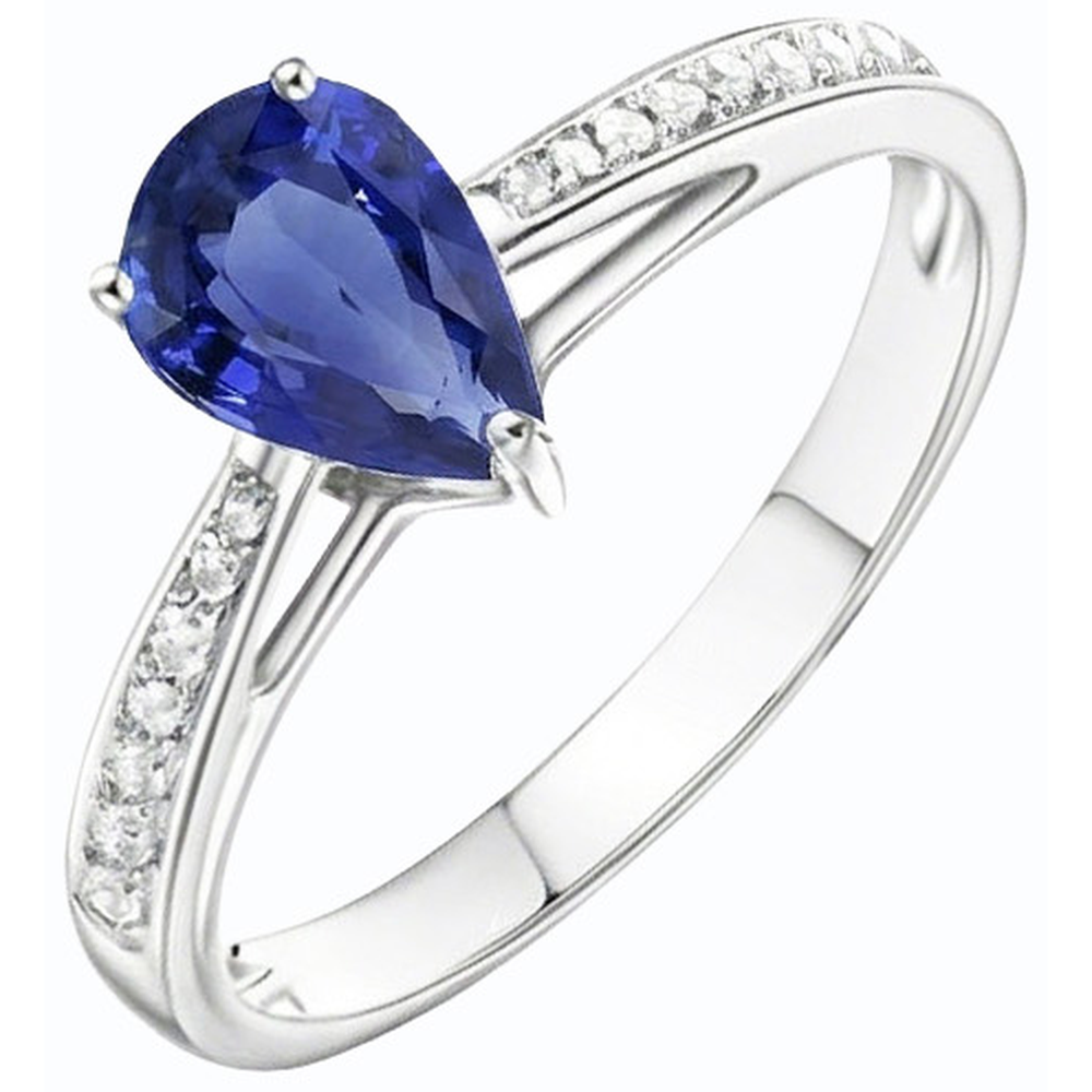 Anello Solitario con accenti di zaffiro blu 2,50 carati e pavé di diamanti in oro bianco 14K