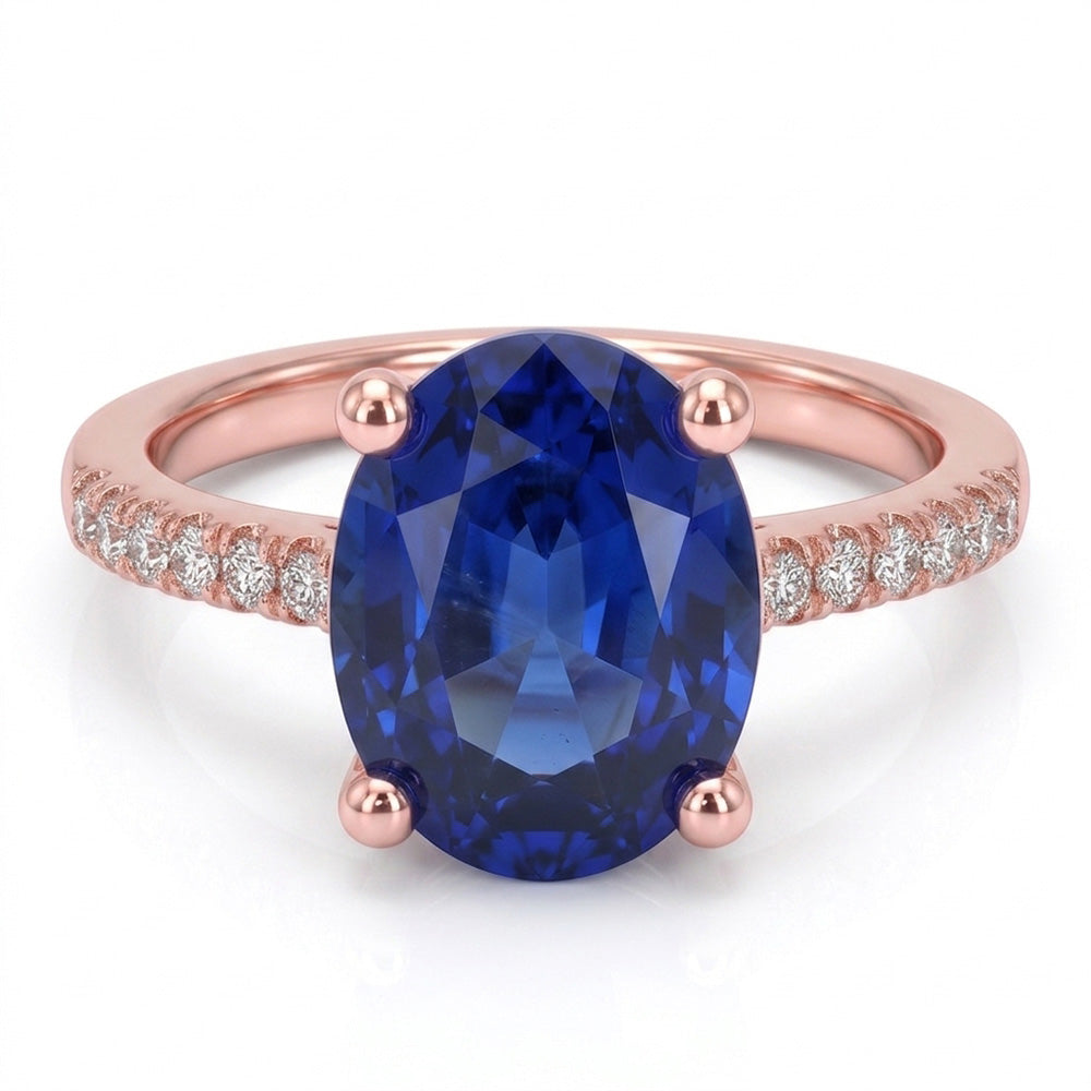 Anello Solitario con zaffiro blu ovale da 4,50 carati e pavé di diamanti