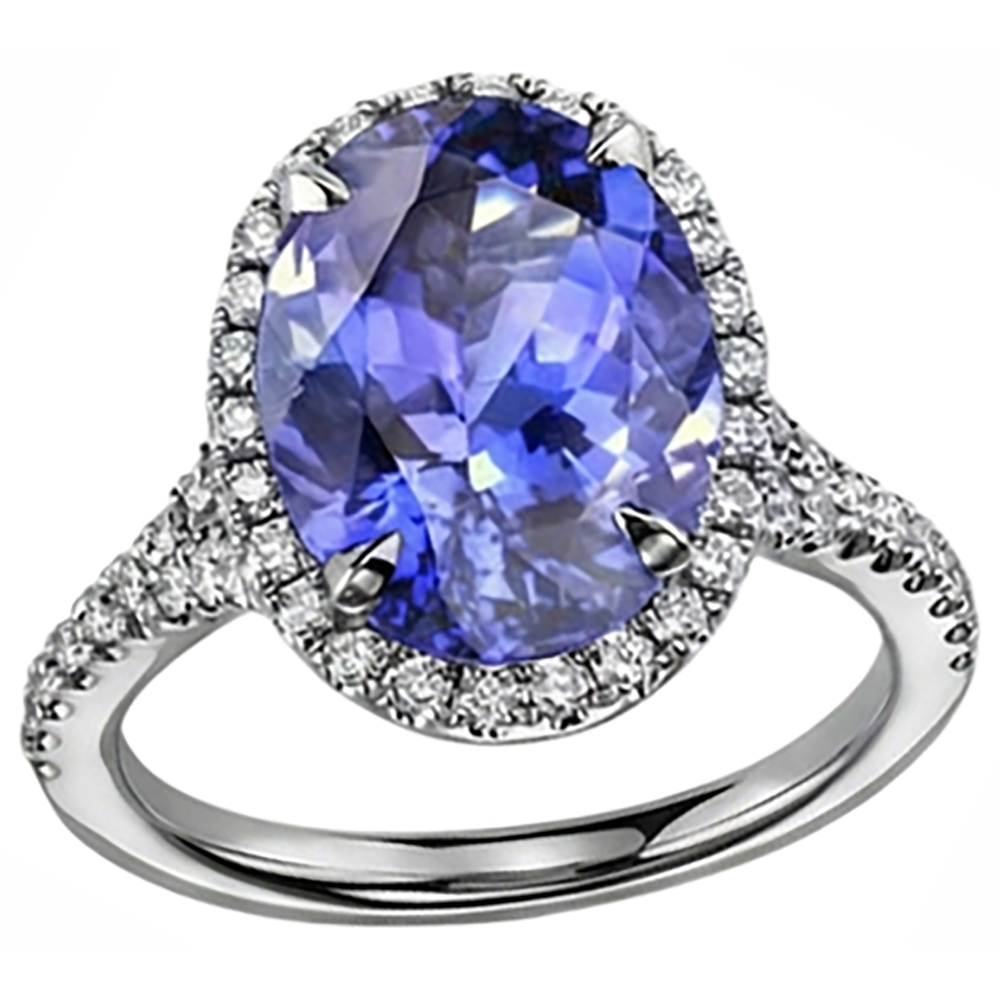 Anello Tanzanite Blu Taglio Ovale E Diamante 6.50 Carati Oro Bianco 14K