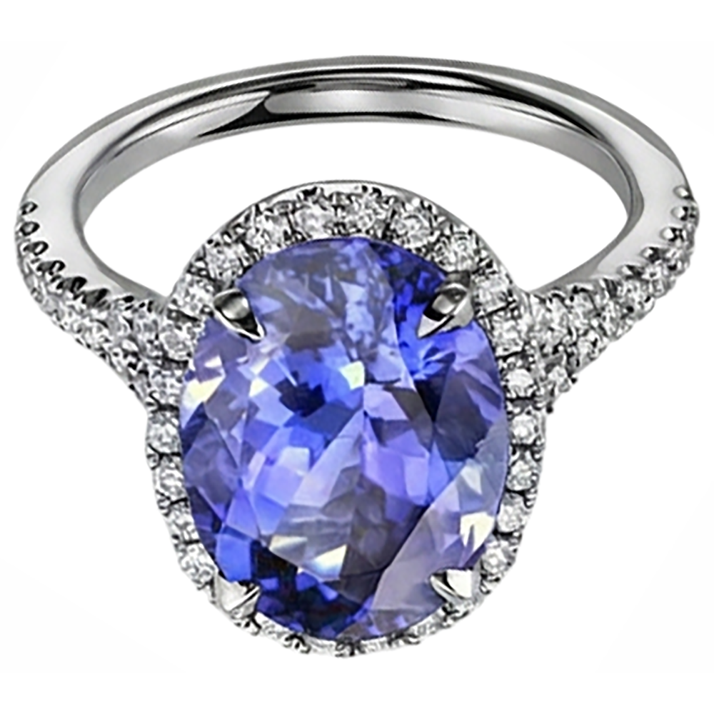 Anello Tanzanite Blu Taglio Ovale E Diamante 6.50 Carati Oro Bianco 14K