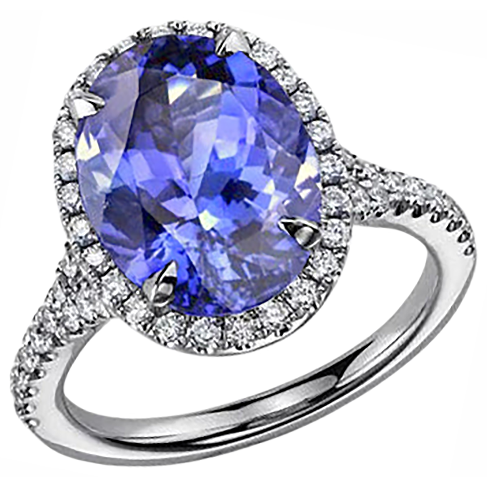 Anello Tanzanite Blu Taglio Ovale E Diamante 6.50 Carati Oro Bianco 14K
