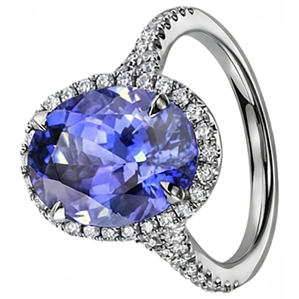 Anello Tanzanite Blu Taglio Ovale E Diamante 6.50 Carati Oro Bianco 14K