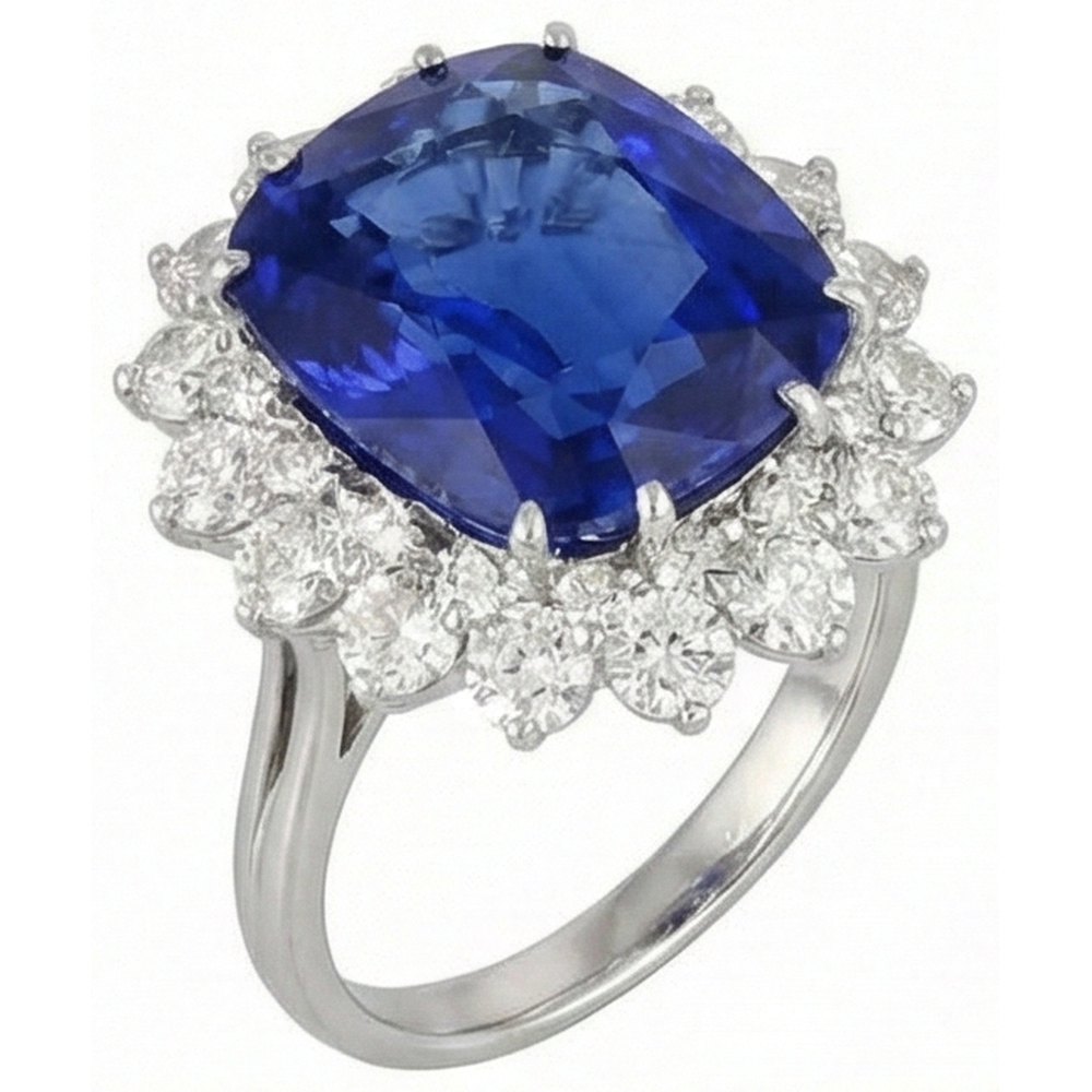 Anello Tanzanite Cuscino Con Diamanti Rotondi 5 Ct Nuovo Oro Bianco 14K