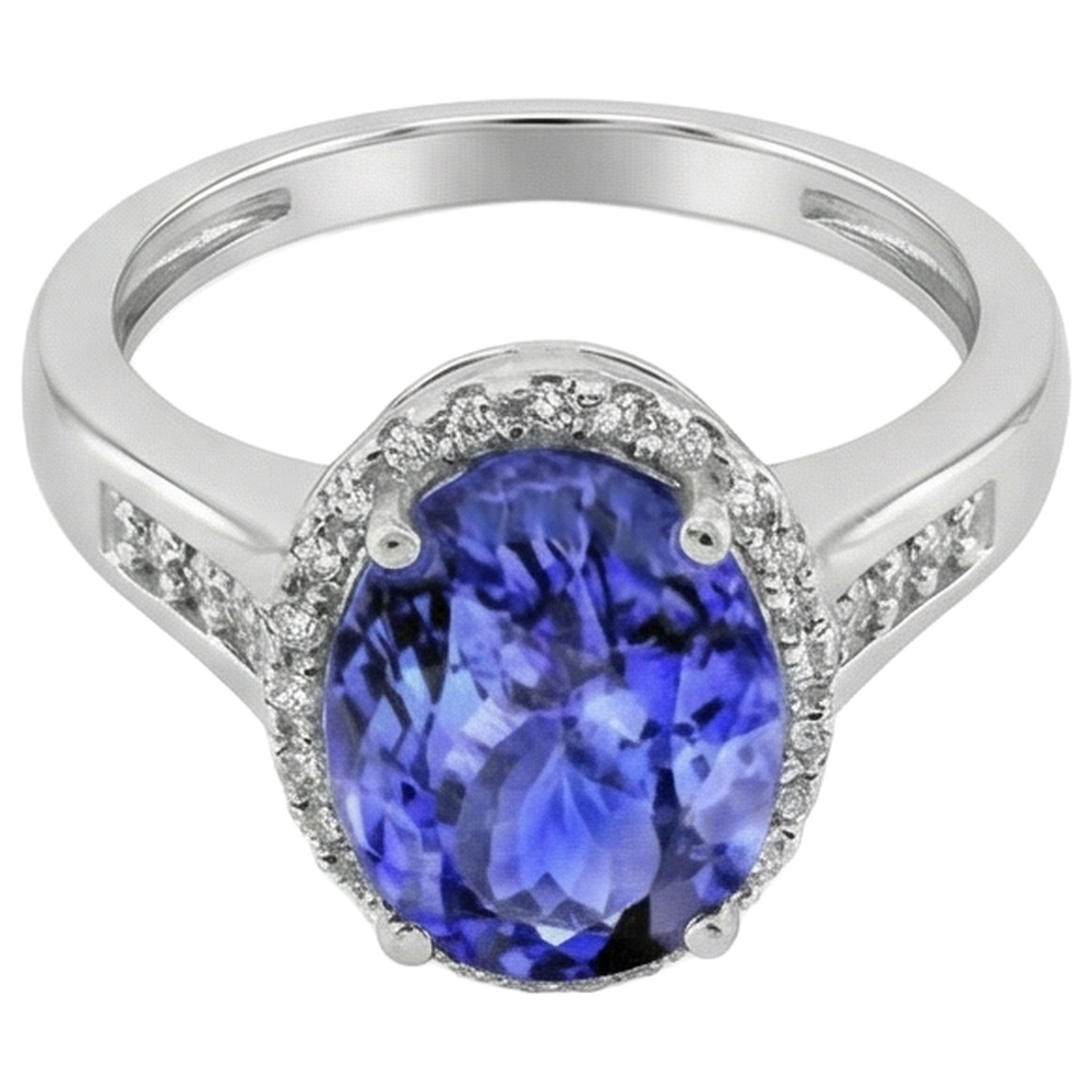 Anello Tanzanite Grande Con Piccoli Diamanti 5.75 Carati Oro Bianco 14K