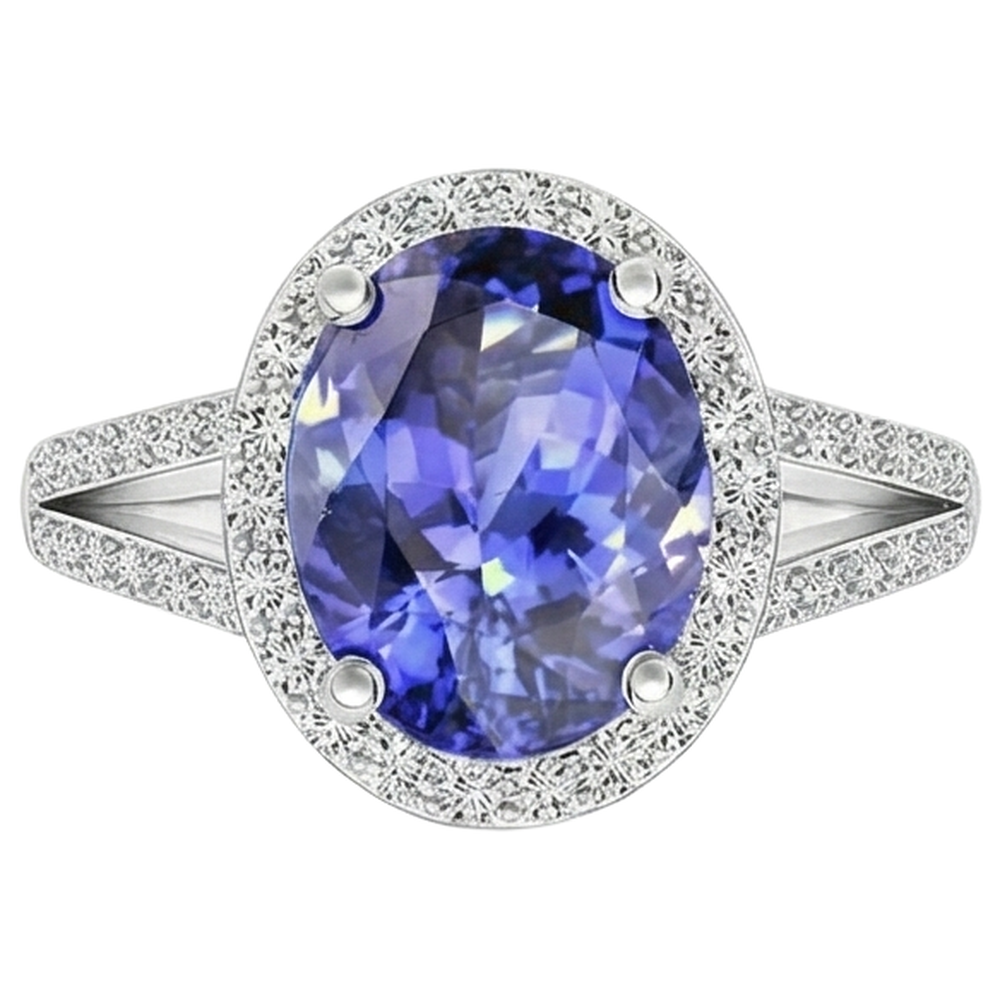 Anello Tanzanite Halo 6 Ct Con Diamanti Oro Bianco 14K