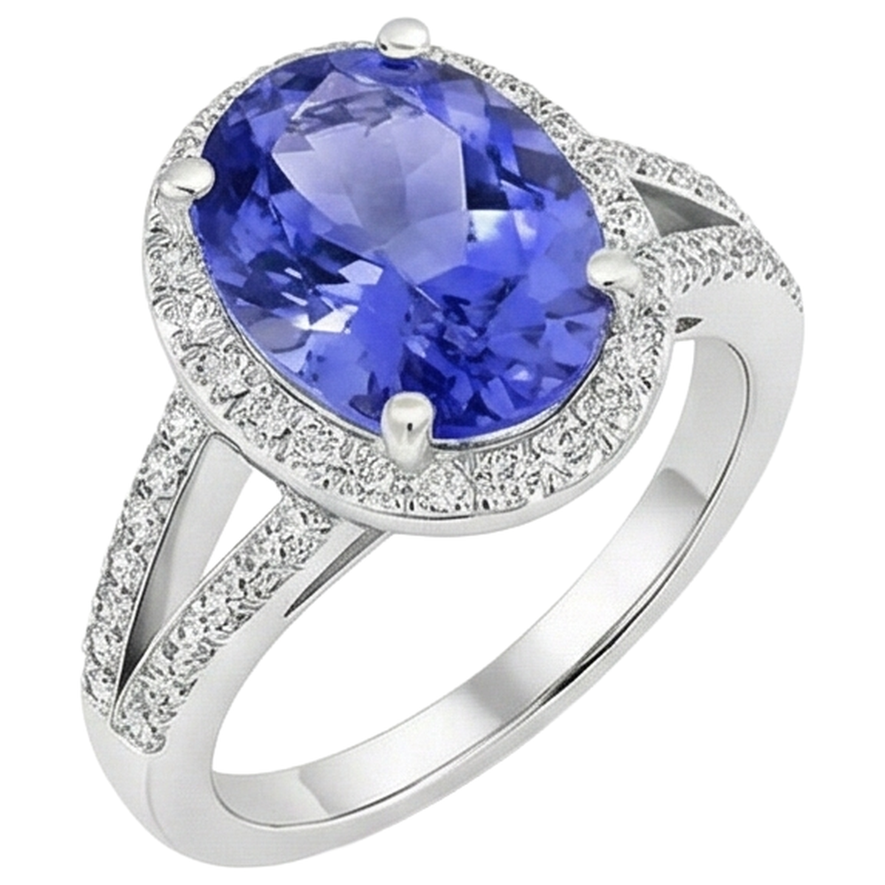 Anello Tanzanite Halo 6 Ct Con Diamanti Oro Bianco 14K