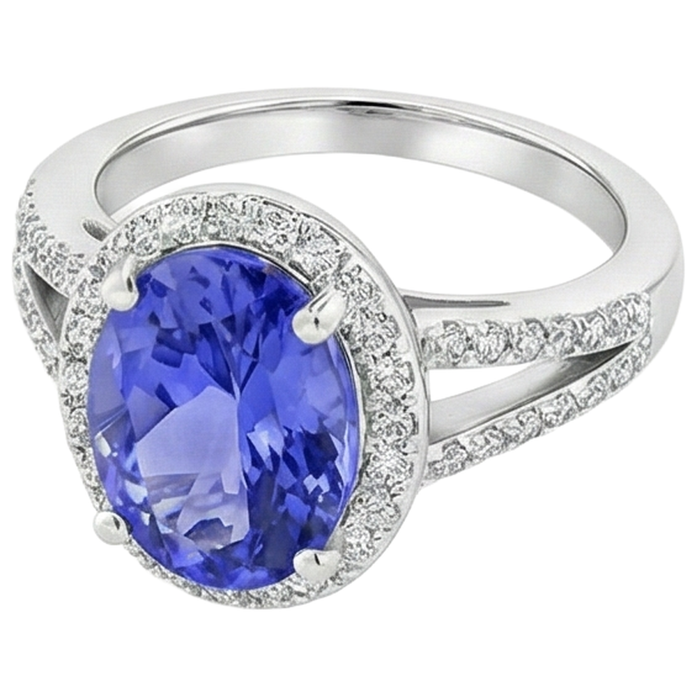 Anello Tanzanite Halo 6 Ct Con Diamanti Oro Bianco 14K