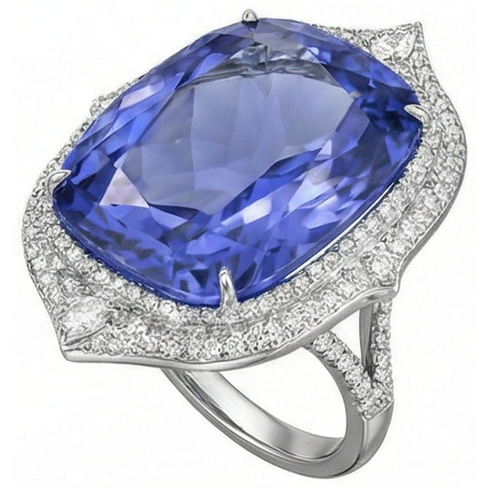Anello Tanzanite Naturale Con Diamanti 23.75 Ct Oro Bianco 14K
