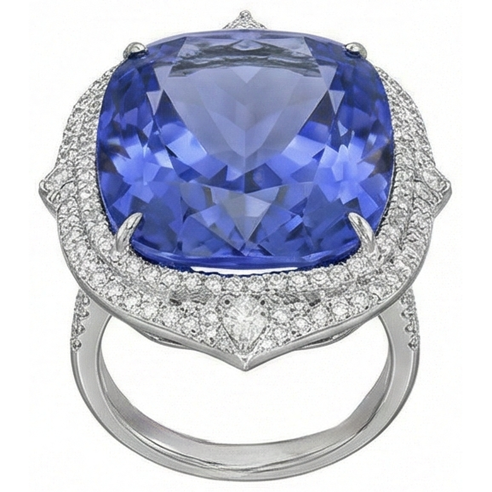 Anello Tanzanite Naturale Con Diamanti 23.75 Ct Oro Bianco 14K