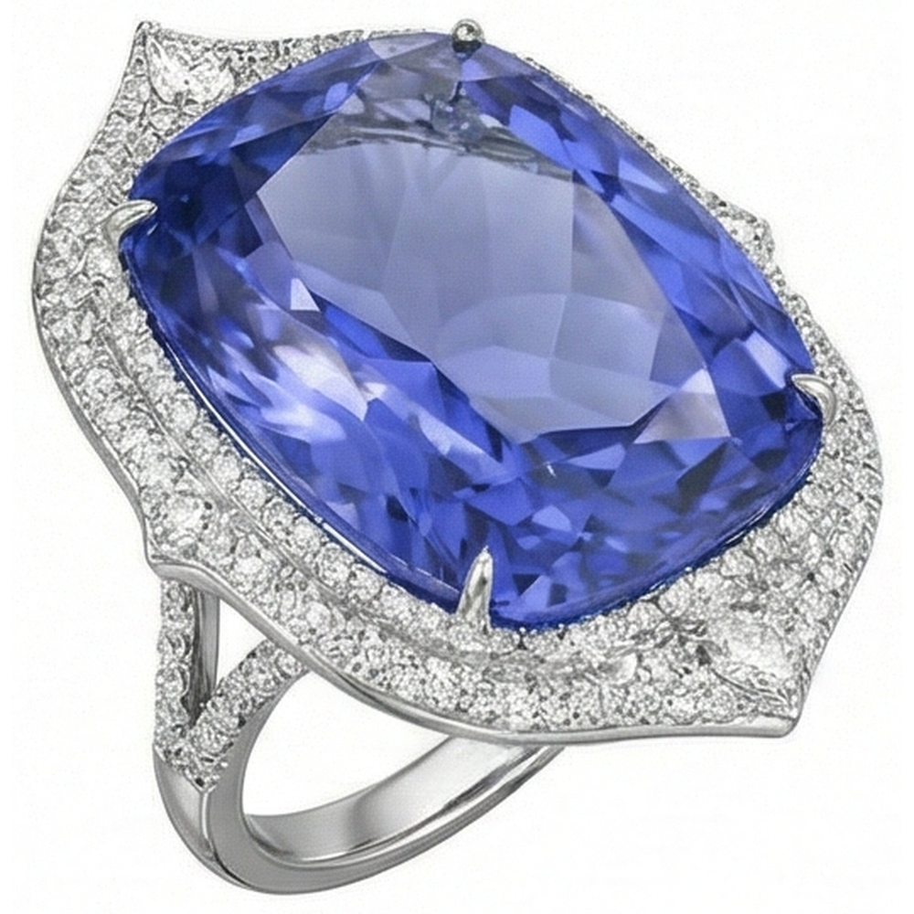 Anello Tanzanite Naturale Con Diamanti 23.75 Ct Oro Bianco 14K