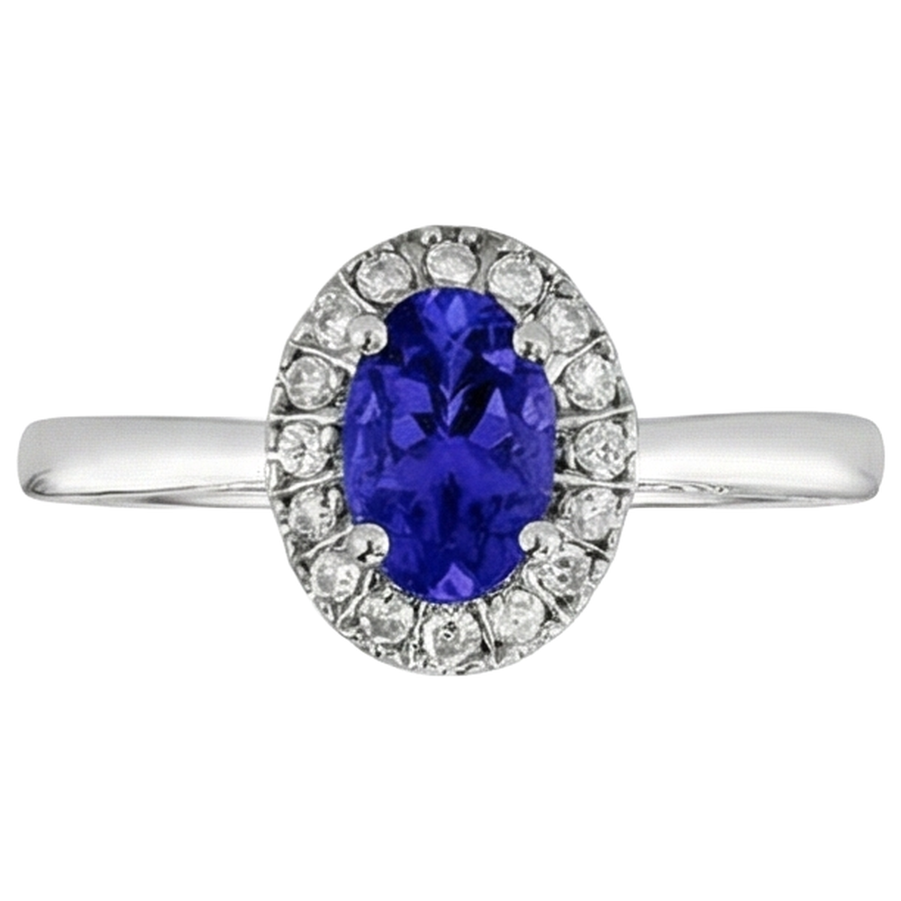 Anello Tanzanite Ovale 17 Carati Con Diamanti Rotondi Oro Bianco 14K