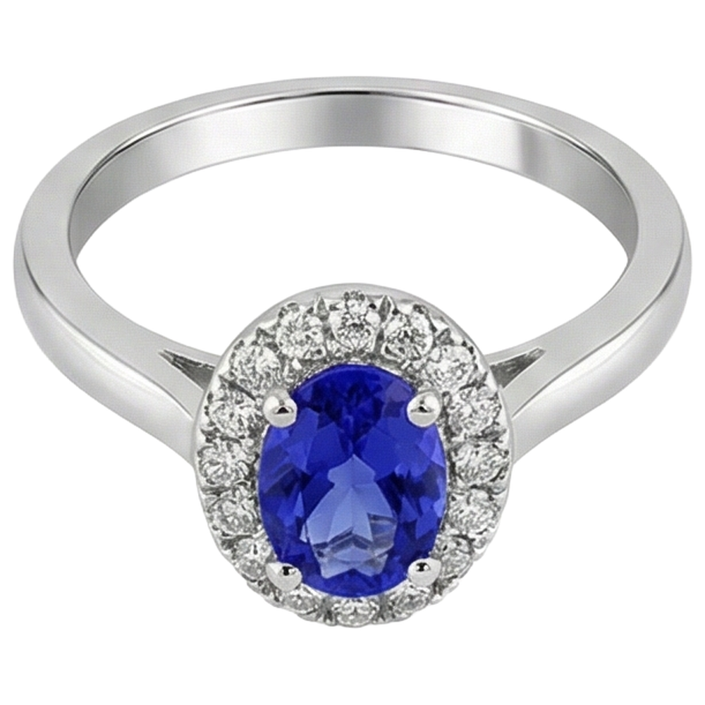 Anello Tanzanite Ovale 17 Carati Con Diamanti Rotondi Oro Bianco 14K