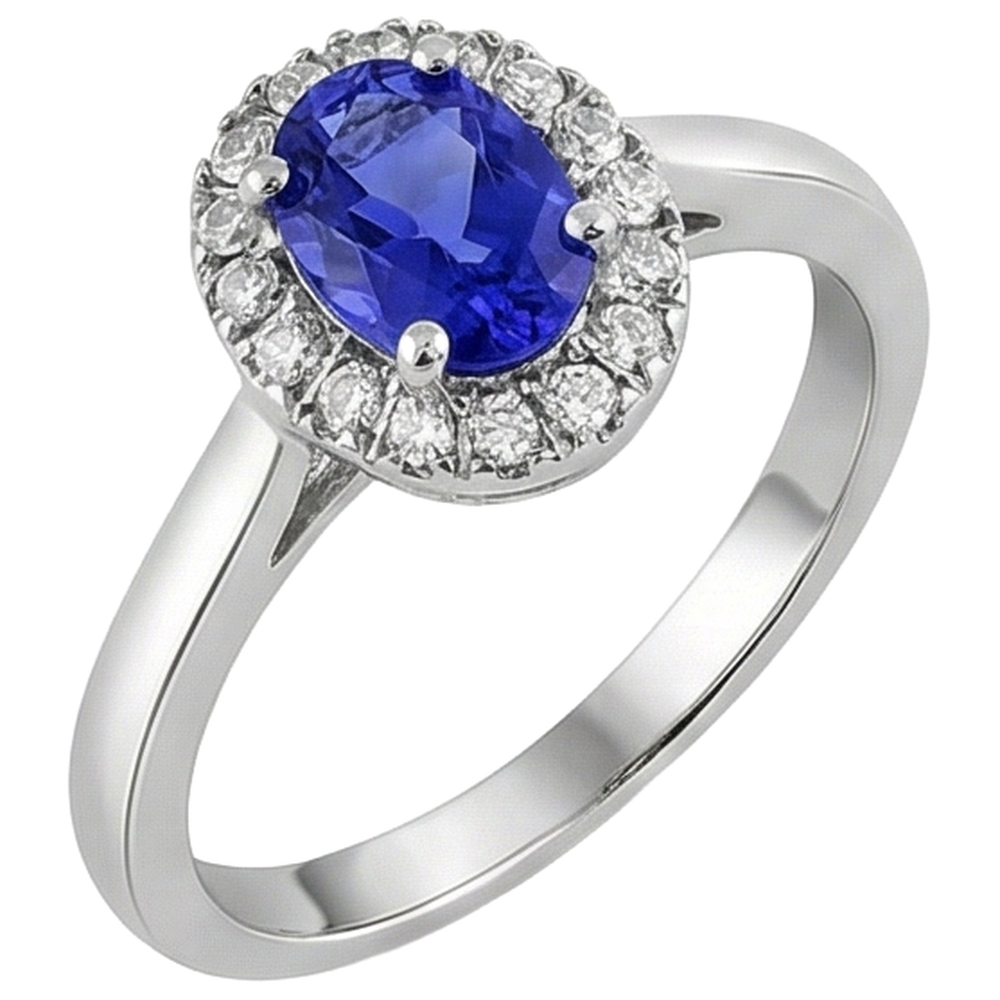 Anello Tanzanite Ovale 17 Carati Con Diamanti Rotondi Oro Bianco 14K