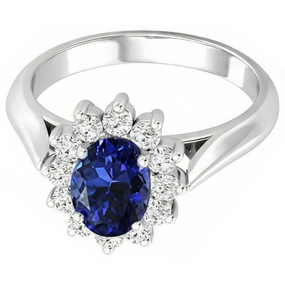 Anello Tanzanite Ovale 3,75 Carati Con Diamanti Naturali Autentici ( non creati in laboratorio ) Rotondi Oro Bianco 14K