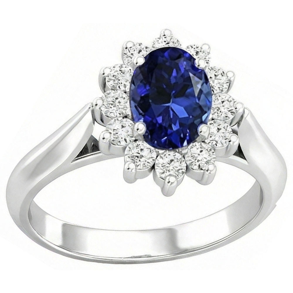 Anello Tanzanite Ovale 3,75 Carati Con Diamanti Naturali Autentici ( non creati in laboratorio ) Rotondi Oro Bianco 14K