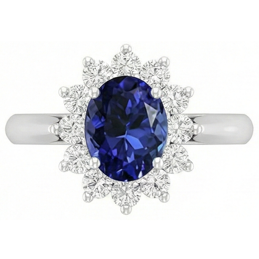 Anello Tanzanite Ovale 3,75 Carati Con Diamanti Naturali Autentici ( non creati in laboratorio ) Rotondi Oro Bianco 14K
