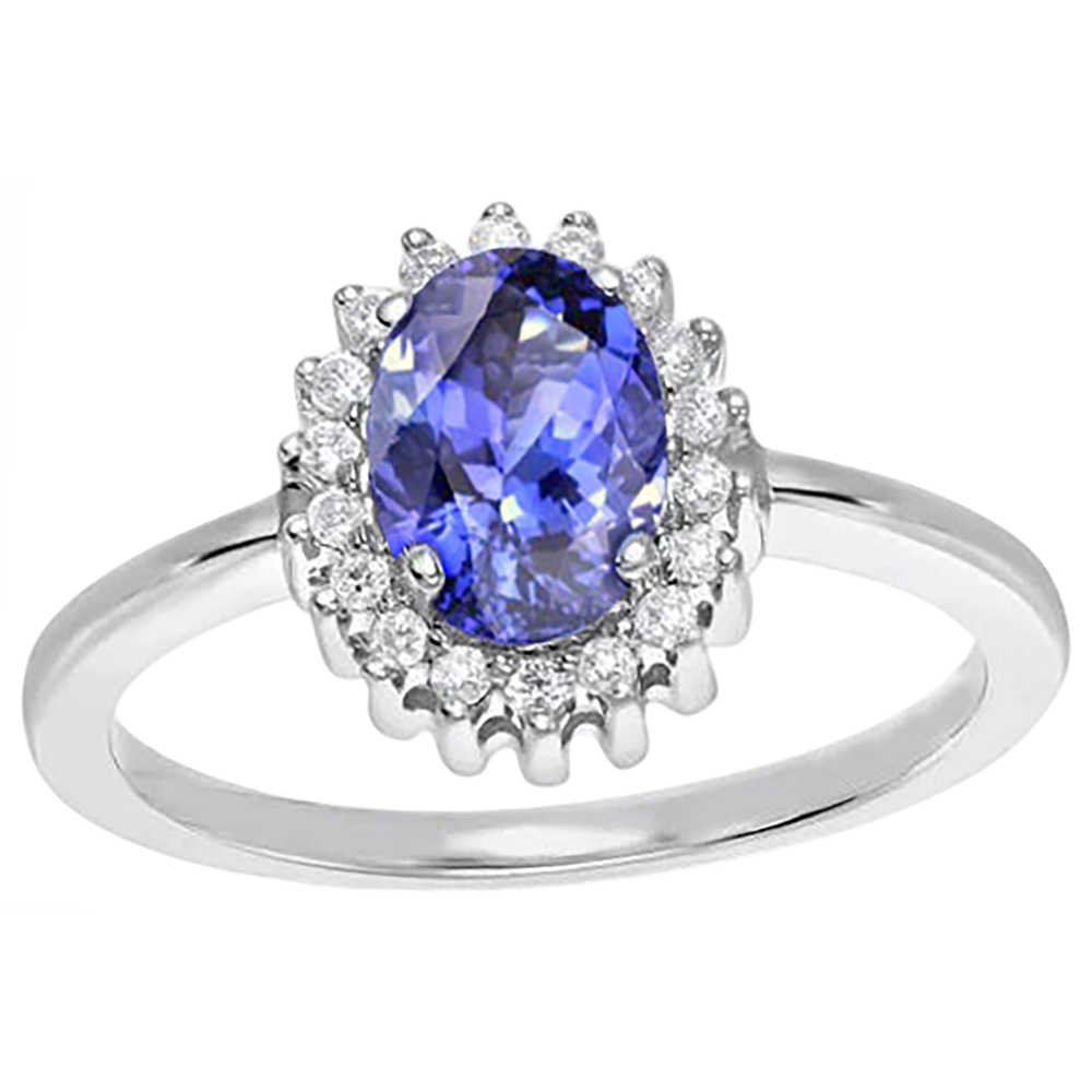 Anello Tanzanite Ovale Con Diamanti Naturali Autentici ( non creati in laboratorio ) 9 Ct Nuovo Oro Bianco 14K