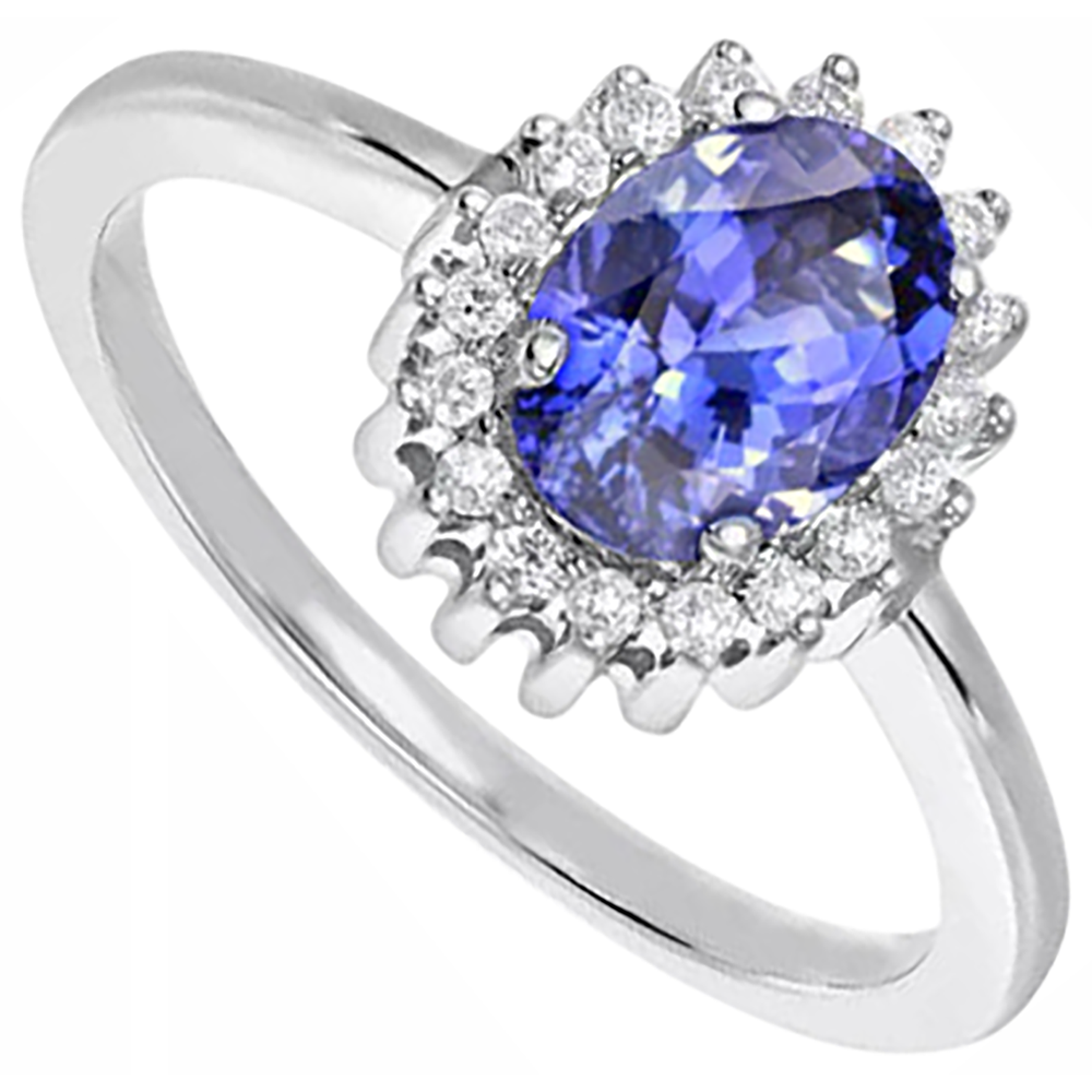 Anello Tanzanite Ovale Con Diamanti Naturali Autentici ( non creati in laboratorio ) 9 Ct Nuovo Oro Bianco 14K
