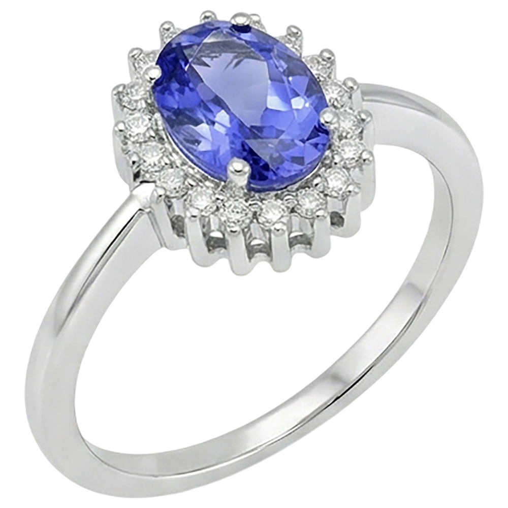 Anello Tanzanite Ovale Con Diamanti Naturali Autentici ( non creati in laboratorio ) 9 Ct Nuovo Oro Bianco 14K