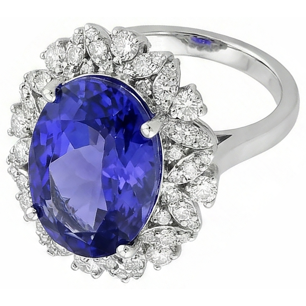 Anello Tanzanite Ovale E Diamanti 7 Carati Oro Bianco 14K
