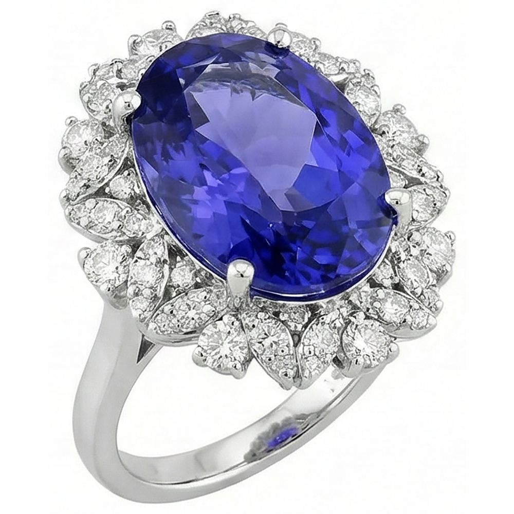 Anello Tanzanite Ovale E Diamanti 7 Carati Oro Bianco 14K